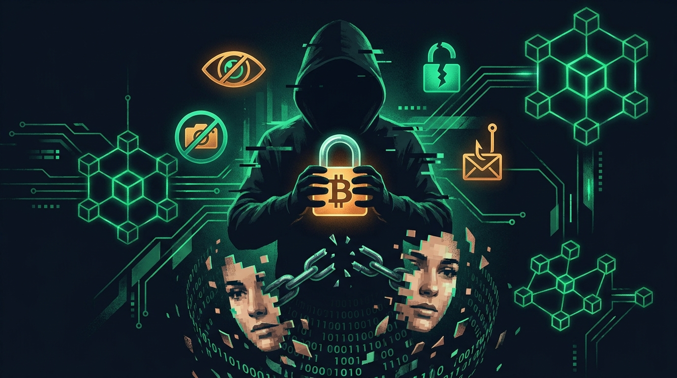 رسم توضيحي لقفل فوق رموز العملات الرقمية يمثل تهديدات الابتزاز والانتزاع الجنسي